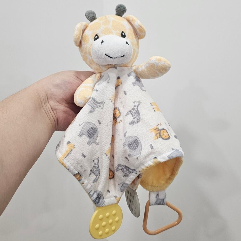 Modern Baby Giraffe Lovey Yellow Gray Security Blanket Teether Rattle Toy